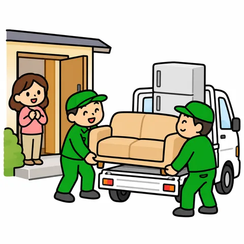 スタッフが家具を運び出してトラックに積む様子